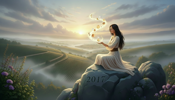 A woman sits meditating on a rock, holding glowing orbs above her hands. A serene vineyard landscape stretches into the misty distance behind her, bathed in the soft light of a rising sun.