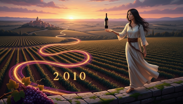Fantasy image of a figure in a flowing dress in the Rioja hills at dusk. A glowing 2010 vintage marker sits on a stone wall, symbolizing the wine's enduring legacy.