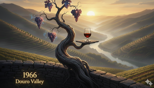 A port glass and grapes rest on schist stone in the Douro Valley at sunset. Terraced vineyards and the river below are covered in mist. Text reads: 1966 Douro Valley.