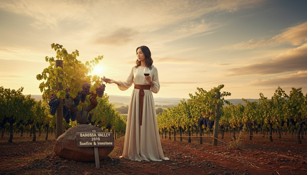 Barossa Valley vineyard at sunset, featuring an old, gnarled Shiraz vine next to a sign for "Sunfire & Ironstone." Captures the 2010 vintage essence: heat, structure, and profound poise.