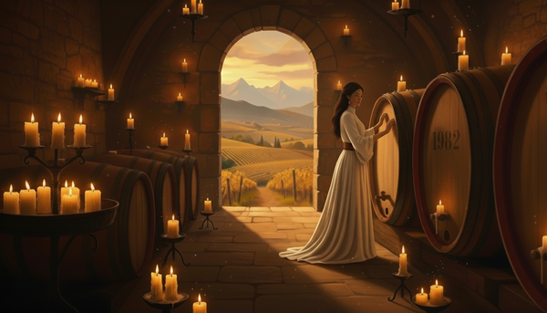 A woman in a white gown touches a large wooden wine barrel, labeled "1982," in a dark, candlelit stone cellar. An arched doorway opens to a sunlit vineyard and mountains.
