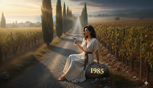 At sunset, a woman in an ivory dress sits barefoot on a stone labeled 1985, holding wine glass on a cypress-lined gravel road between autumn vineyards Tyrrhenian Sea glowing offshore at dusk.