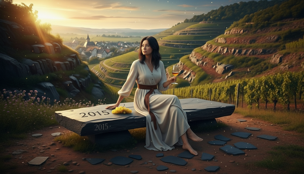 Woman with wine glass overlooking sunny, terraced Pfalz vineyards and a village at sunset. "2015" is etched on her stone bench.